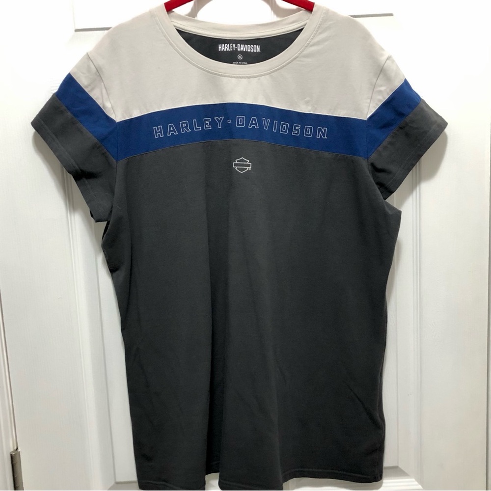 Harley-Davidson Women’s XL Colorblock Logo T-Shirt Charcoal Blue Cream